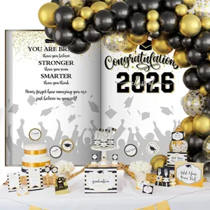 Kit de fond pour remise des diplômes 2026 avec citations et ballons noir et or