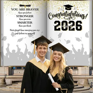 Fond de photographie remise diplôme 2026 style livre avec texte inspirant