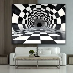 Black and white checkerboard tunnel wall art backdrop for modern living room decor