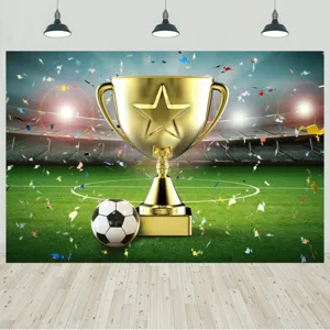 Fußball-Stadion-Hintergrund mit Goldpokal und Ball für Party-Fotografie-Dekoration