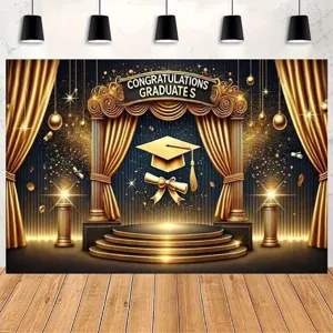 Elegant black and gold graduation party backdrop with gold curtain and cap