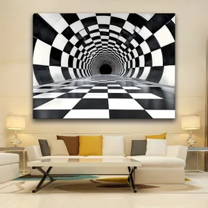 Modern 3D black and white checkered tunnel wall art backdrop for home decor and party photo.