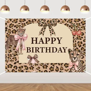 Leopardenmuster Geburtstag Fotohintergrund mit Gepard und rosa Schleife für wilde Partys