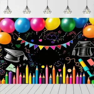 Farbenfroher Kindergarten Abschluss-Hintergrund mit bunten Luftballons und Stiftelementen