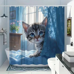 Cartoon Cat Shower Curtain Waterproof Polyester Bathroom Decor With Hooks Digital Printed Cute Kitty Bath Curtain For Home Bathroom