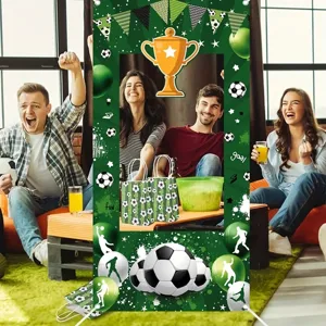 Soccer Theme Party Backdrop Football Trophy Pattern Photo Booth Prop Polyester Sports Event Decoration Background Cloth