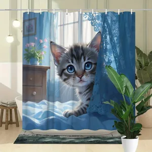 Cute cartoon kitten digital print bathroom shower curtain featuring large blue eyes