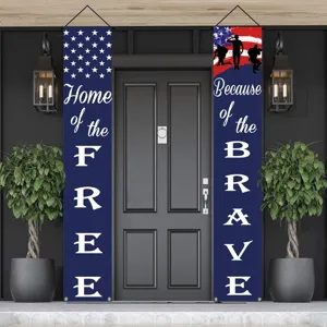 Patriotic US flag porch banners with Home of the Free and Because of the Brave text