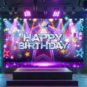 Ζωντανό φόντο φωτογραφίας Disco neon music Happy Birthday για διακόσμηση πάρτι