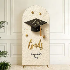 Elegant arched graduation ceremony backdrop with a graduation cap and stars design