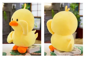 Detailed front and back view of a cute yellow duck plush toy for home decoration.