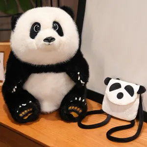 Detailed view of a realistic panda plush toy sitting next to a matching mini panda backpack.