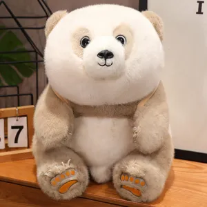 Detailed close-up of a cute panda plush toy featuring soft fluffy texture and brown backpack straps