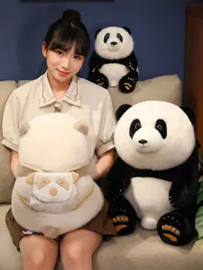 Detail view of a soft panda plush toy featuring a cute mini panda backpack attachment