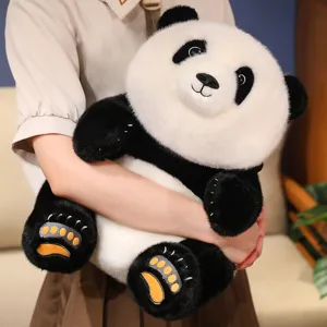 Detailed view of a realistic panda plush toy being hugged, showing soft fluffy texture.