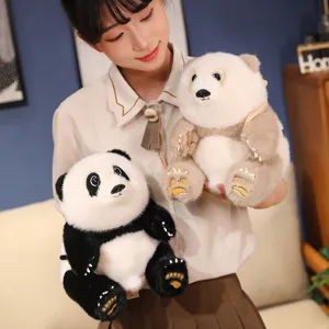 Detailed realistic panda and brown bear plush backpack made of high quality soft faux fur