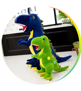 Par de grandes peluches de Tyrannosaurus Rex azules y verdes en una habitación cómoda
