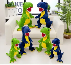 Colección de peluches de Tiranosaurio Rex en colores verde y azul sobre un sofá blanco