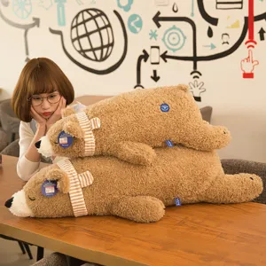 Morbido Peluche Orso Polare Marrone Cuscino per Dormire Con Sciarpa a Righe Velluto di Perle Cotone PP Animale di Peluche per Bambini Donna