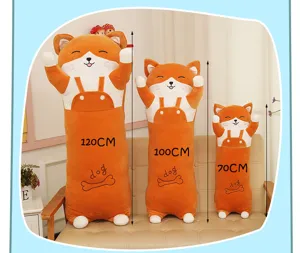 Detailansicht von drei Größen (120cm, 100cm, 70cm) Shiba Inu Plüschkissen für Bett