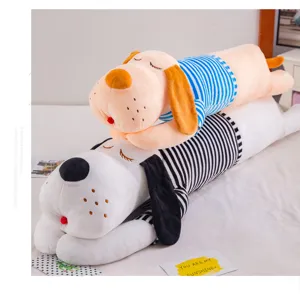 Cute long sleeping plush dog pillow, soft stuffed animal toy for kids and home decor.