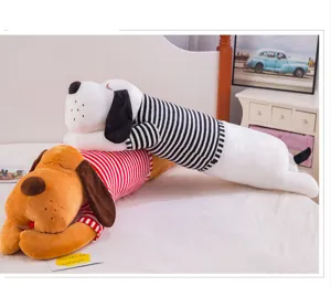 Cute long plush dog sleeping pillow, striped design, soft and comfortable toy for kids bedroom.