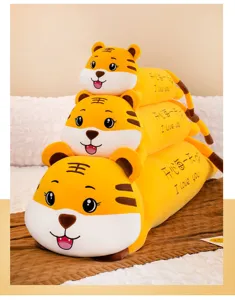 Detailed view of three stacked cute tiger plush toy pillows with I love you print