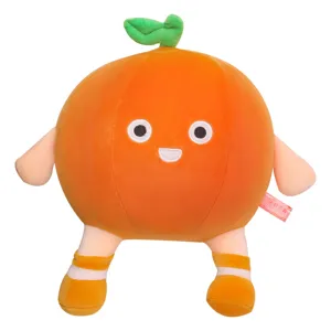 Cojín de peluche de naranja redonda con cara sonriente linda y extremidades suaves
