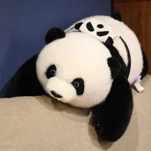 Detailed close-up of a soft plush panda toy featuring a cute miniature backpack design