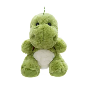 Peluche de dinosaurio verde suave y lindo para niños con barriga blanca sentado pose mascota
