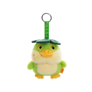 Porte-clés en peluche canard vert et jaune mignon avec chapeau nénuphar et sangle