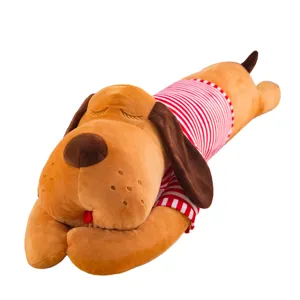 Cute sleeping dog plush toy long pillow soft stuffed animal with red white striped clothes
