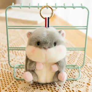 Simpatico portachiavi peluche criceto grigio, morbido ciondolo borsa con anello oro.