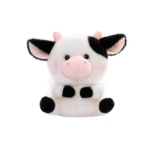 Cute black and white cow plush toy, soft stuffed animal doll with pink horns for kids gift 1pc