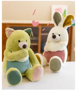 Adorable soft jungle animal plush toys fox and rabbit sitting on a white table