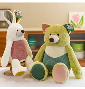 Close-up view of soft rabbit and bear plush toys with cozy ribbed knit fabric details.