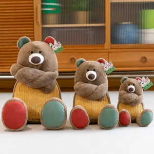 Set of three jungle theme brown bear plush toys in various sizes for home decor