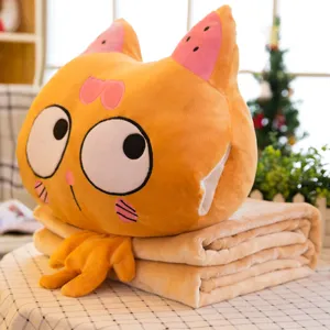 Süßes orangefarbenes Katzen-Plüschtier 3-in-1 Kissen mit weicher Decke Set