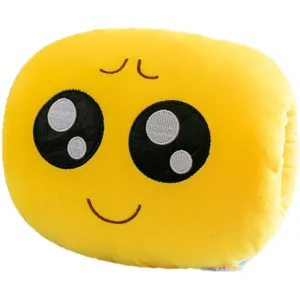 Cute yellow plush hand warmer pillow with smiling face for office napping and sleeping.