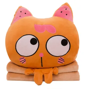 Niedliches 3-in-1 Plüschkissen-Set mit orangefarbener Katze und Decke