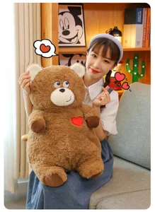 Cute brown teddy bear plush toy with red heart design, soft hugging pillow for girls.