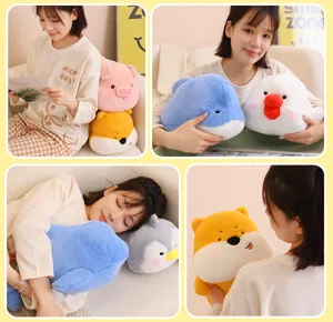 Lifestyle collage of soft animal plush pillows used for office napping and rest