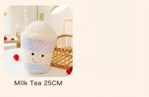 Adorabile peluche a forma di tè al latte con viso sorridente in colori pastello, alto 25 cm