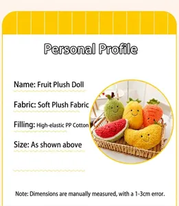 Dettagli del peluche a forma di frutta con info su tessuto morbido e imbottitura in cotone.