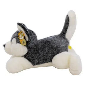 Adorable prone husky plush puppy toy featuring realistic grey and white fur textures