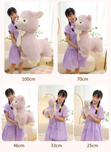 Alpaca plush toy size comparison showing 100cm, 70cm, 46cm, 33cm, and 25cm models