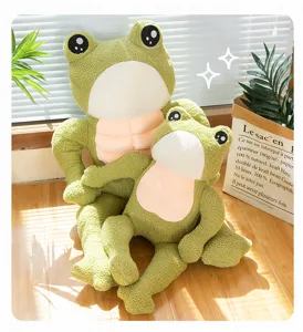 Detailed view of muscle frog plush toys with green textured fabric and pink abs design.