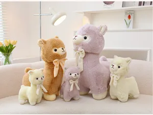 Various sizes of soft alpaca plush toys in purple, brown and cream for home decor