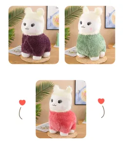 Detail view of cute cartoon alpaca plush toys in purple, green, and pink soft colors