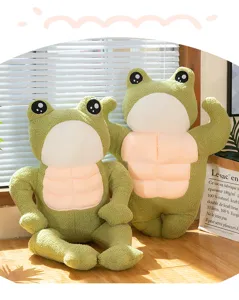 Muscle frog plush toy set with six-pack abs in lifestyle room setting